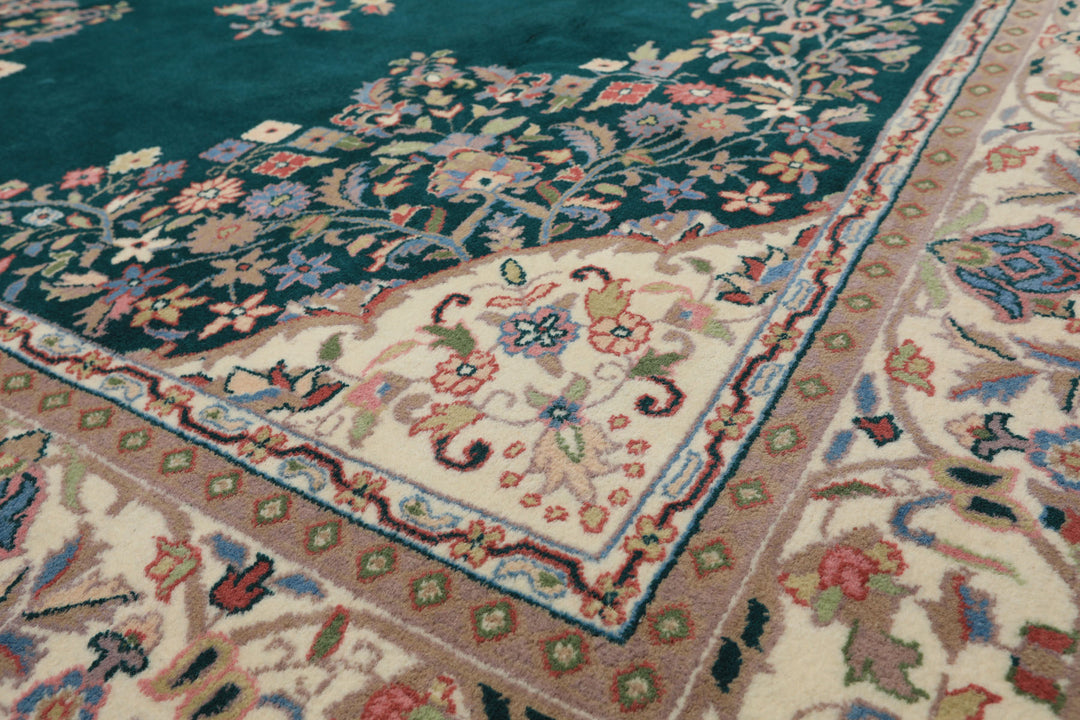 7x9 Emerald, Green, Ivory Color Hand Knotted Tabriz Wool Traditional Oriental Rug