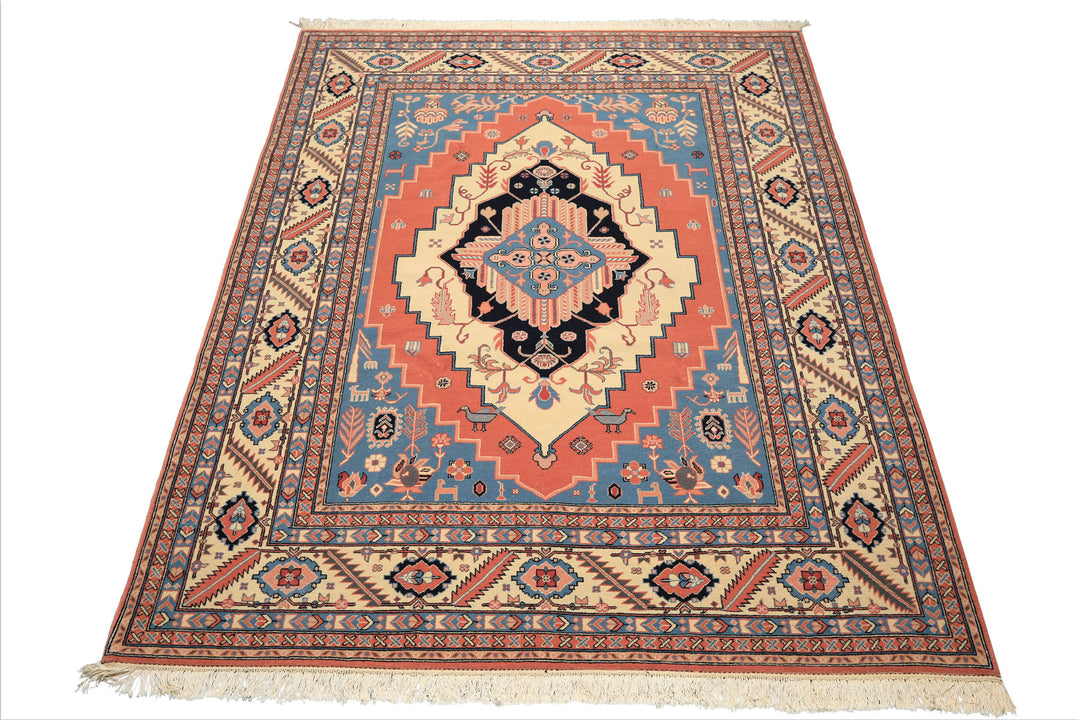 8x10 Salmon, Ivory, Blush Color Hand Knotted Heriz Wool Traditional/ Medallion Oriental Rug