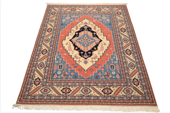 8x10 Salmon, Ivory, Blush Color Hand Knotted Heriz Wool Traditional/ Medallion Oriental Rug