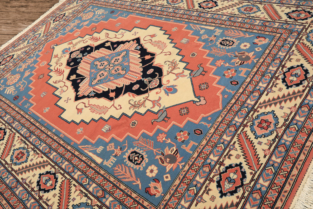 8x10 Salmon, Ivory, Blush Color Hand Knotted Heriz Wool Traditional/ Medallion Oriental Rug