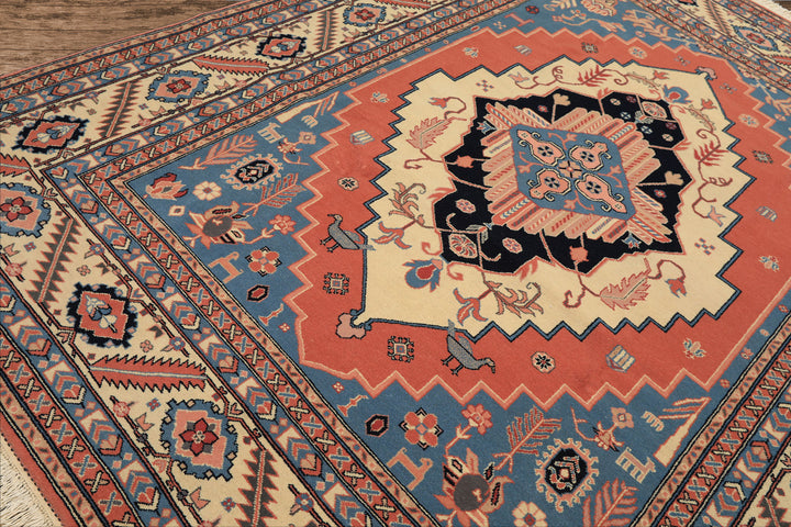 8x10 Salmon, Ivory, Blush Color Hand Knotted Heriz Wool Traditional/ Medallion Oriental Rug