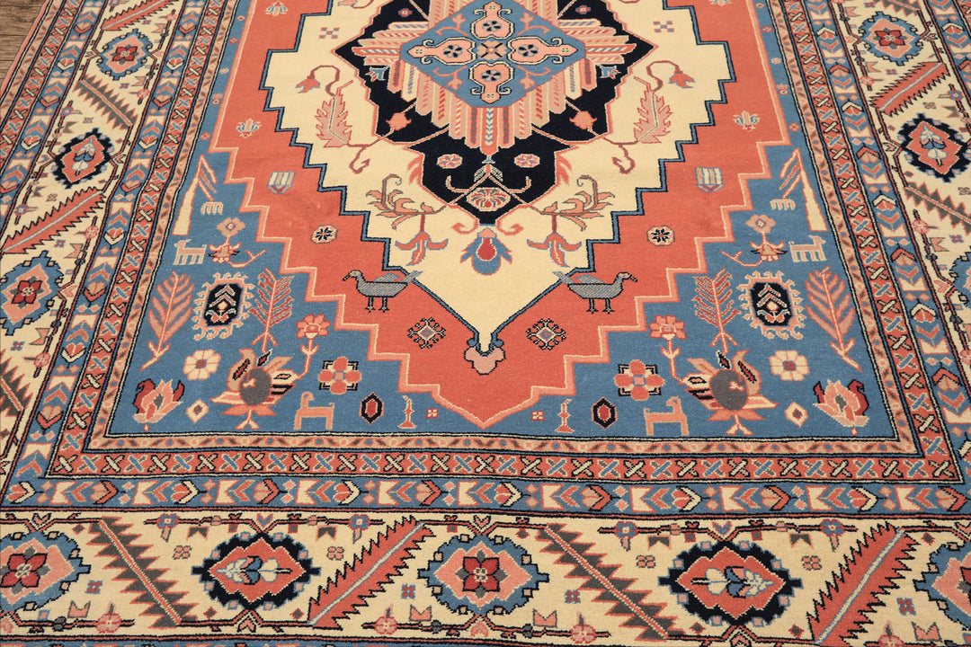 8x10 Salmon, Ivory, Blush Color Hand Knotted Heriz Wool Traditional/ Medallion Oriental Rug