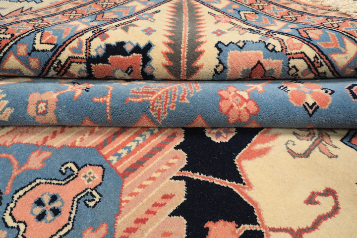 8x10 Salmon, Ivory, Blush Color Hand Knotted Heriz Wool Traditional/ Medallion Oriental Rug