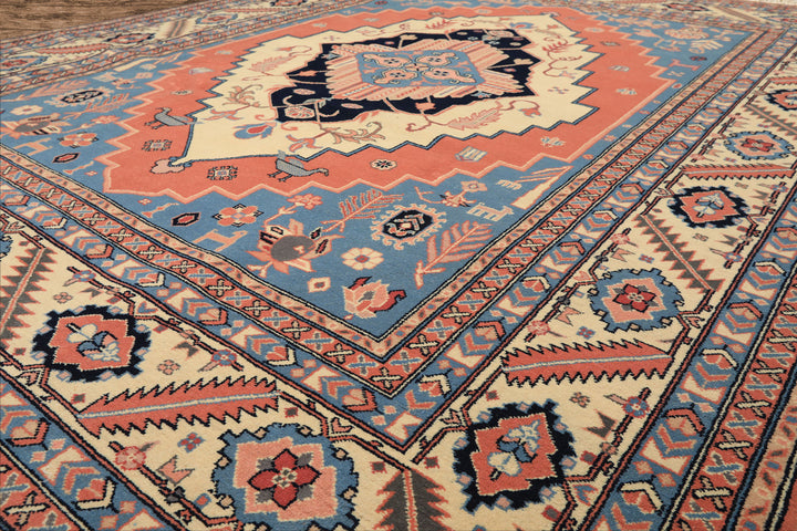 8x10 Salmon, Ivory, Blush Color Hand Knotted Heriz Wool Traditional/ Medallion Oriental Rug