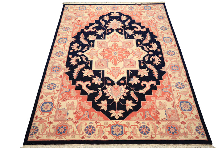 9x12 Navy, Ivory, Salmon Color Hand Knotted Heriz Wool Traditional/ Medallion Oriental Rug