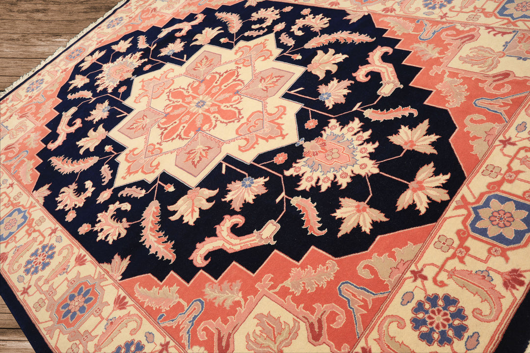 9x12 Navy, Ivory, Salmon Color Hand Knotted Heriz Wool Traditional/ Medallion Oriental Rug