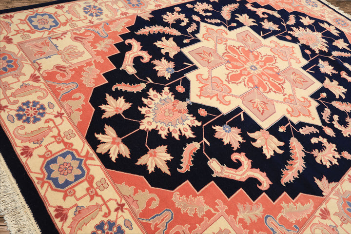 9x12 Navy, Ivory, Salmon Color Hand Knotted Heriz Wool Traditional/ Medallion Oriental Rug