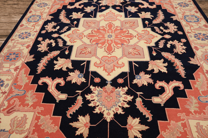 9x12 Navy, Ivory, Salmon Color Hand Knotted Heriz Wool Traditional/ Medallion Oriental Rug