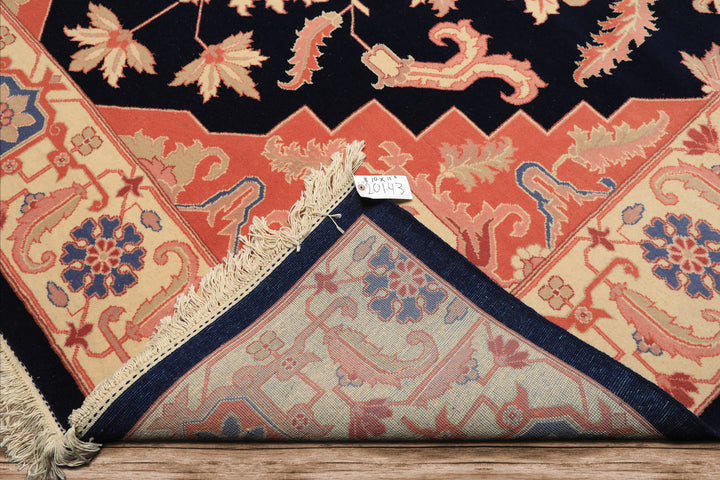 9x12 Navy, Ivory, Salmon Color Hand Knotted Heriz Wool Traditional/ Medallion Oriental Rug