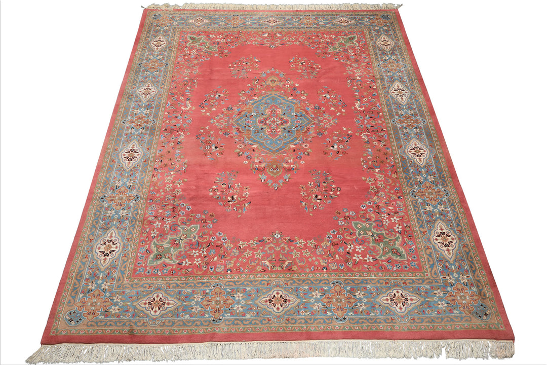 9x12 Pink, Blue, Sage Color Hand Knotted Kashan Wool Traditional/ Botanical Oriental Rug