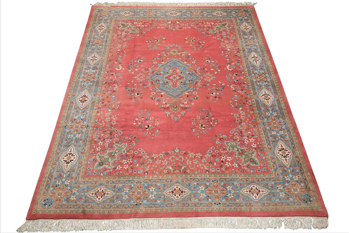 9x12 Pink, Blue, Sage Color Hand Knotted Kashan Wool Traditional/ Botanical Oriental Rug