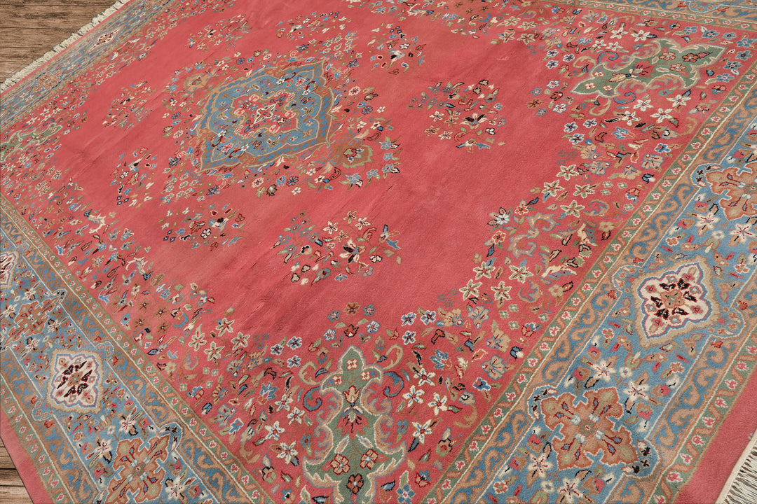 9x12 Pink, Blue, Sage Color Hand Knotted Kashan Wool Traditional/ Botanical Oriental Rug
