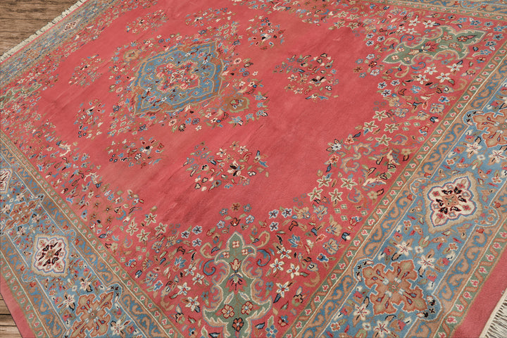 9x12 Pink, Blue, Sage Color Hand Knotted Kashan Wool Traditional/ Botanical Oriental Rug