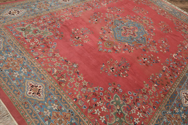 9x12 Pink, Blue, Sage Color Hand Knotted Kashan Wool Traditional/ Botanical Oriental Rug