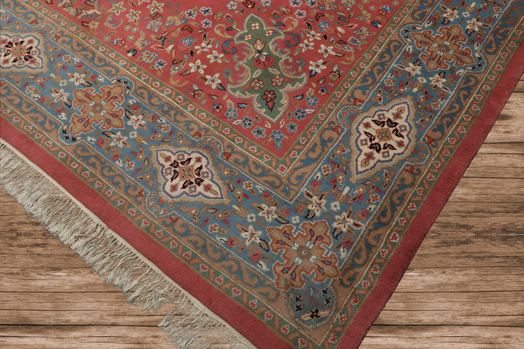 9x12 Pink, Blue, Sage Color Hand Knotted Kashan Wool Traditional/ Botanical Oriental Rug
