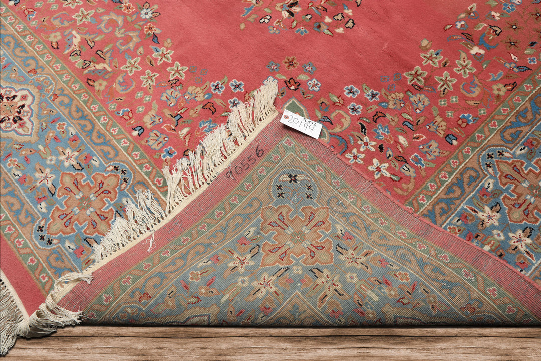 9x12 Pink, Blue, Sage Color Hand Knotted Kashan Wool Traditional/ Botanical Oriental Rug