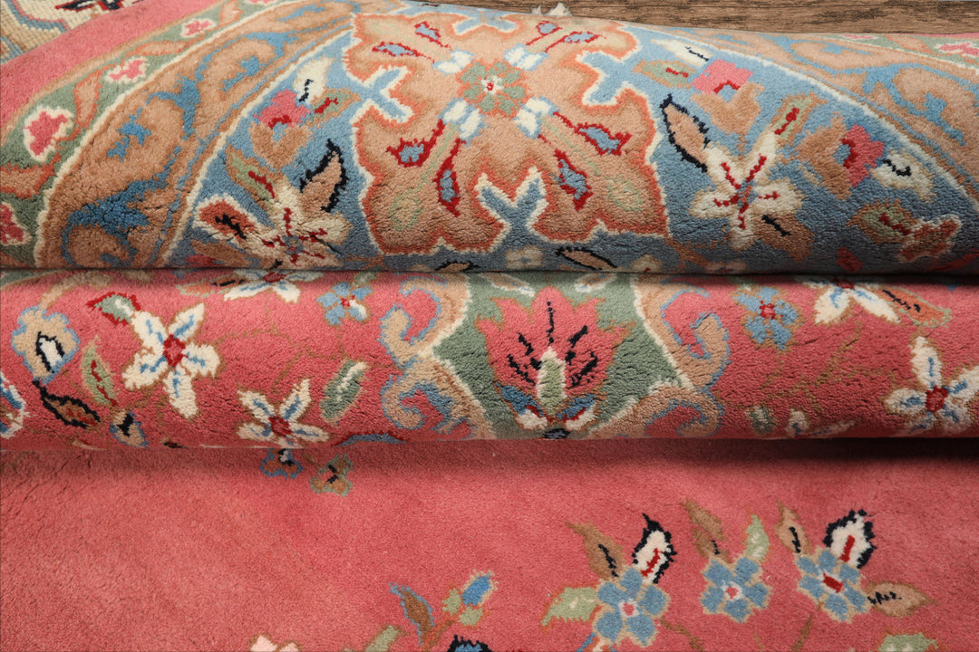 9x12 Pink, Blue, Sage Color Hand Knotted Kashan Wool Traditional/ Botanical Oriental Rug