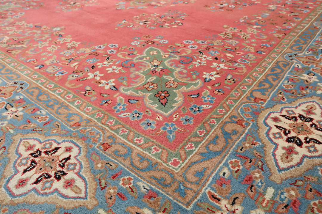 9x12 Pink, Blue, Sage Color Hand Knotted Kashan Wool Traditional/ Botanical Oriental Rug