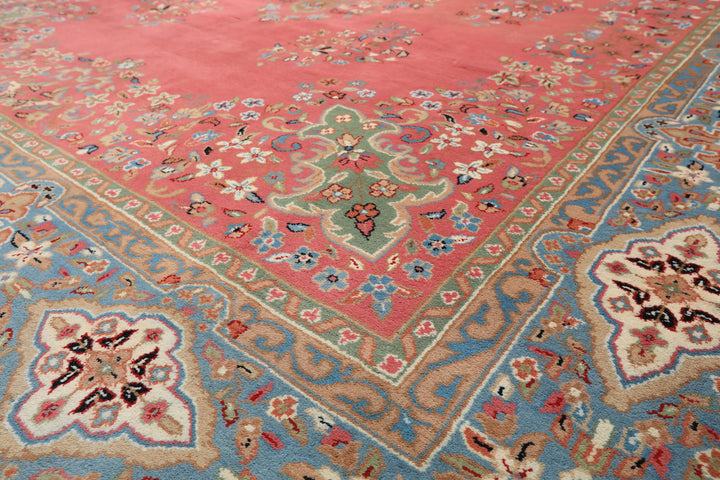 9x12 Pink, Blue, Sage Color Hand Knotted Kashan Wool Traditional/ Botanical Oriental Rug