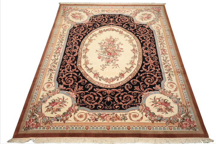 9x12 Ivory, Black, Tan Color Hand Knotted Aubusson Savonnerrie Wool Traditional/ Floral Oriental Rug