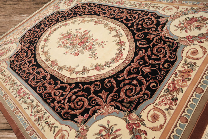 9x12 Ivory, Black, Tan Color Hand Knotted Aubusson Savonnerrie Wool Traditional/ Floral Oriental Rug