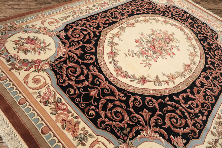 9x12 Ivory, Black, Tan Color Hand Knotted Aubusson Savonnerrie Wool Traditional/ Floral Oriental Rug