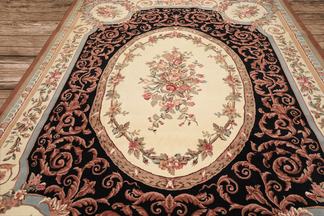 9x12 Ivory, Black, Tan Color Hand Knotted Aubusson Savonnerrie Wool Traditional/ Floral Oriental Rug