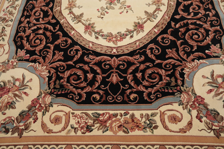9x12 Ivory, Black, Tan Color Hand Knotted Aubusson Savonnerrie Wool Traditional/ Floral Oriental Rug