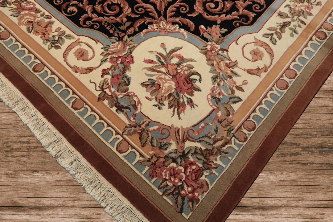 9x12 Ivory, Black, Tan Color Hand Knotted Aubusson Savonnerrie Wool Traditional/ Floral Oriental Rug