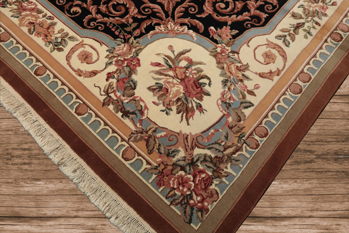9x12 Ivory, Black, Tan Color Hand Knotted Aubusson Savonnerrie Wool Traditional/ Floral Oriental Rug