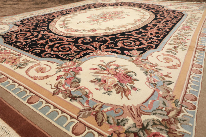 9x12 Ivory, Black, Tan Color Hand Knotted Aubusson Savonnerrie Wool Traditional/ Floral Oriental Rug