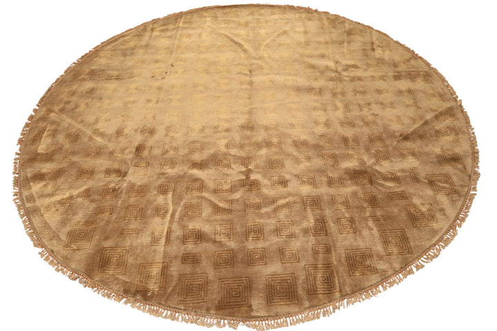 Round Tan, Gold, Color Hand Knotted Tibetan New Zealand Wool Transitional Oriental Rug