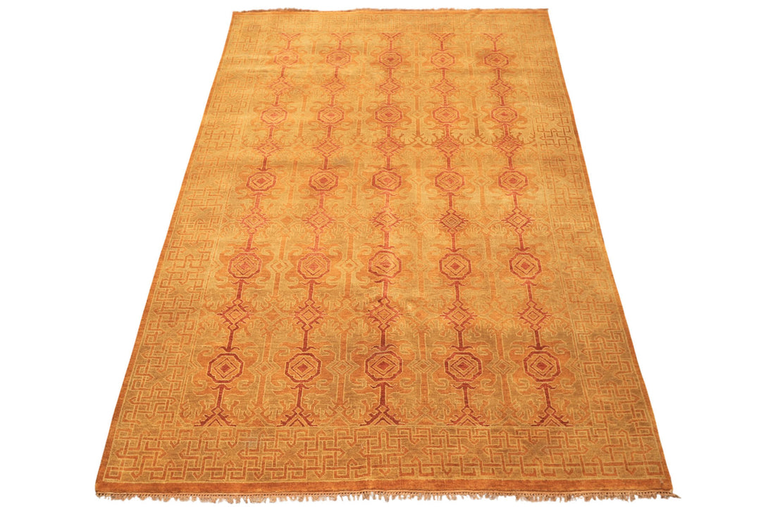 6x9 Caramel, Rust, Mint Color Hand Knotted Agra Wool Transitional Oriental Rug