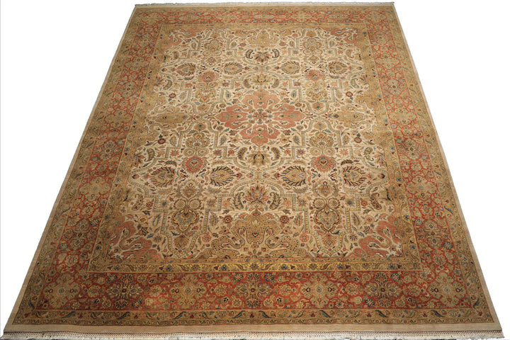 12x15 Beige, Burnt Orange, Lime Color Hand Knotted Agra Wool Traditional Oriental Rug