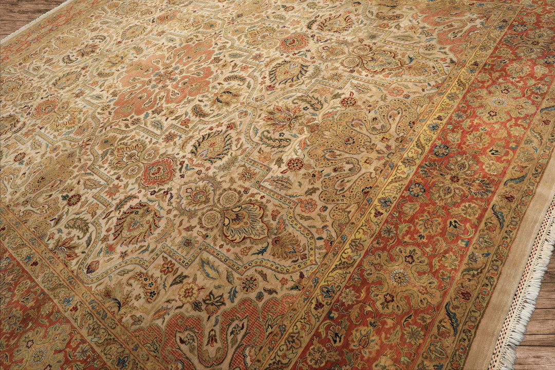 12x15 Beige, Burnt Orange, Lime Color Hand Knotted Agra Wool Traditional Oriental Rug