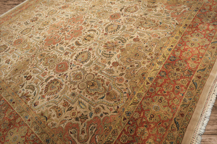 12x15 Beige, Burnt Orange, Lime Color Hand Knotted Agra Wool Traditional Oriental Rug