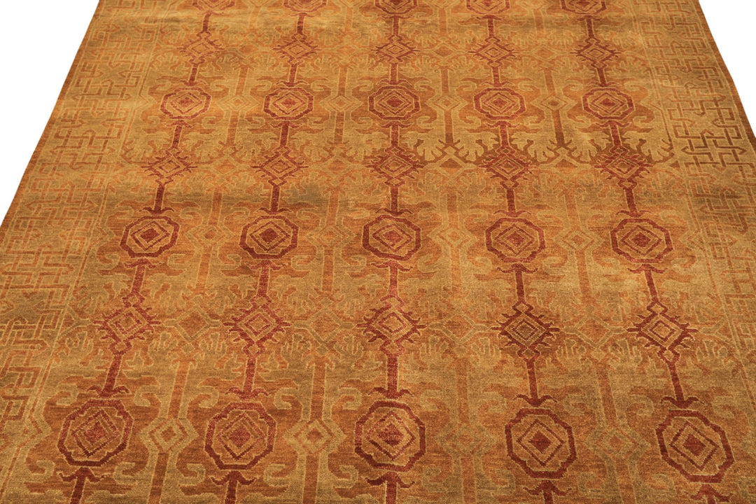 6x9 Caramel, Rust, Mint Color Hand Knotted Agra Wool Transitional Oriental Rug