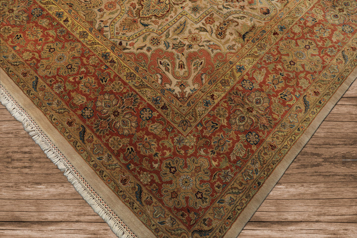 12x15 Beige, Burnt Orange, Lime Color Hand Knotted Agra Wool Traditional Oriental Rug