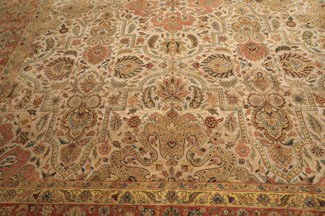12x15 Beige, Burnt Orange, Lime Color Hand Knotted Agra Wool Traditional Oriental Rug