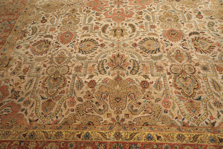 12x15 Beige, Burnt Orange, Lime Color Hand Knotted Agra Wool Traditional Oriental Rug