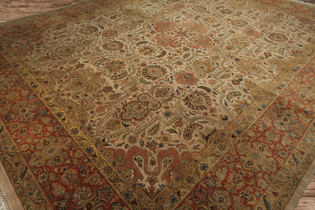 12x15 Beige, Burnt Orange, Lime Color Hand Knotted Agra Wool Traditional Oriental Rug