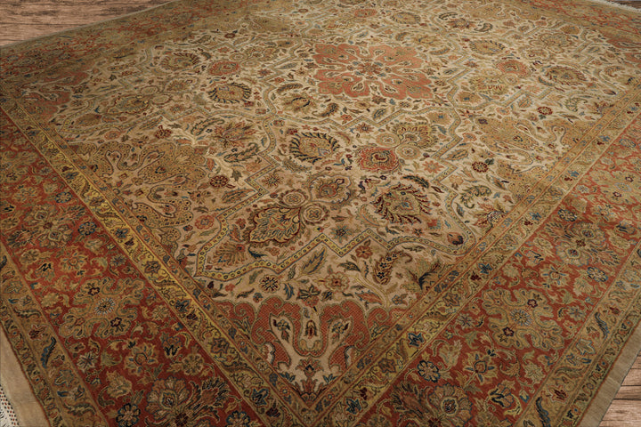 12x15 Beige, Burnt Orange, Lime Color Hand Knotted Agra Wool Traditional Oriental Rug