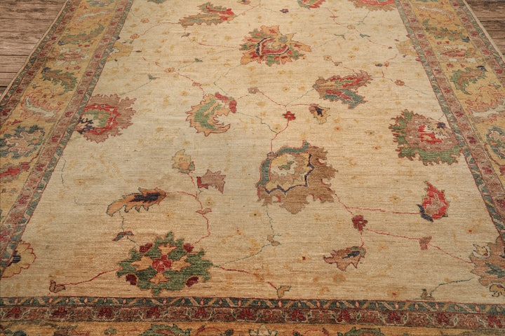 9x12 Beige, Gold, Aqua Color Hand Knotted Oushak Wool Arts & Crafts Oriental Rug