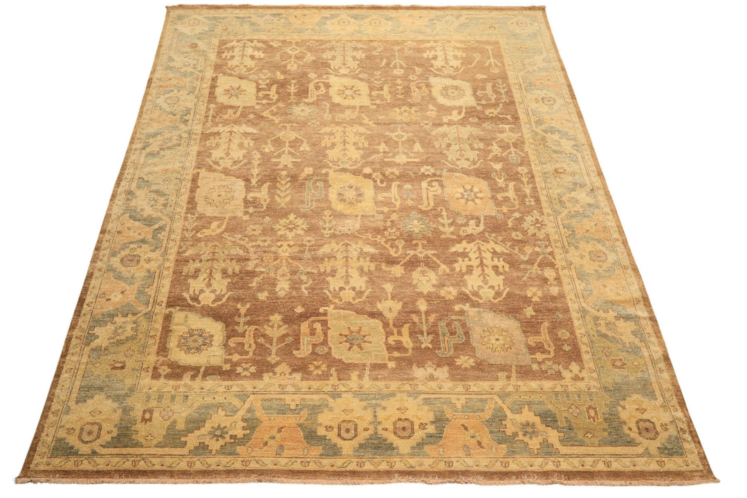 8x10 Brown, Gold, Slate Color Hand Knotted Oushak Wool Transitional Oriental Rug