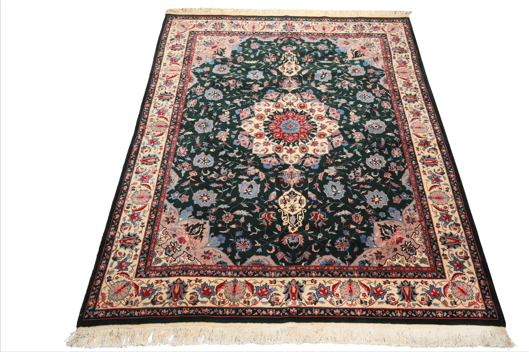 8x10 Dark Green, Ivory, Red Color Hand Knotted Tabriz New Zealand Wool Traditional Oriental Rug