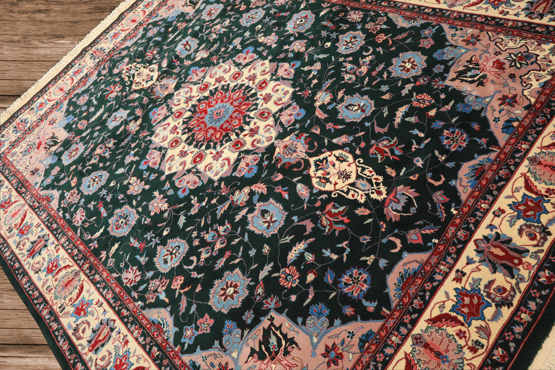 8x10 Dark Green, Ivory, Red Color Hand Knotted Tabriz New Zealand Wool Traditional Oriental Rug