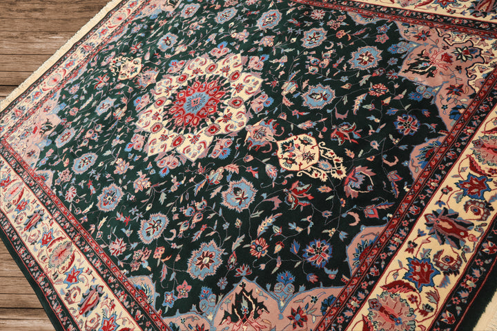 8x10 Dark Green, Ivory, Red Color Hand Knotted Tabriz New Zealand Wool Traditional Oriental Rug
