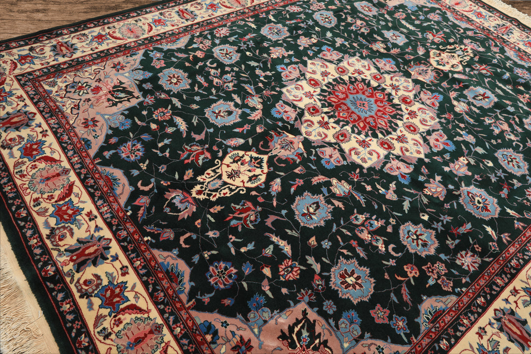 8x10 Dark Green, Ivory, Red Color Hand Knotted Tabriz New Zealand Wool Traditional Oriental Rug