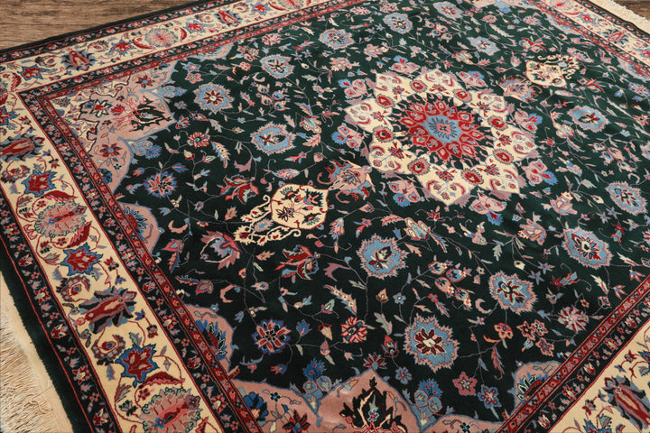 8x10 Dark Green, Ivory, Red Color Hand Knotted Tabriz New Zealand Wool Traditional Oriental Rug