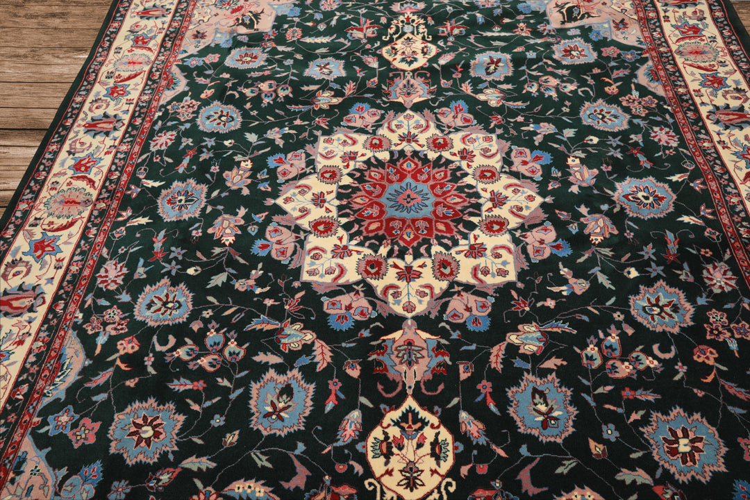 8x10 Dark Green, Ivory, Red Color Hand Knotted Tabriz New Zealand Wool Traditional Oriental Rug